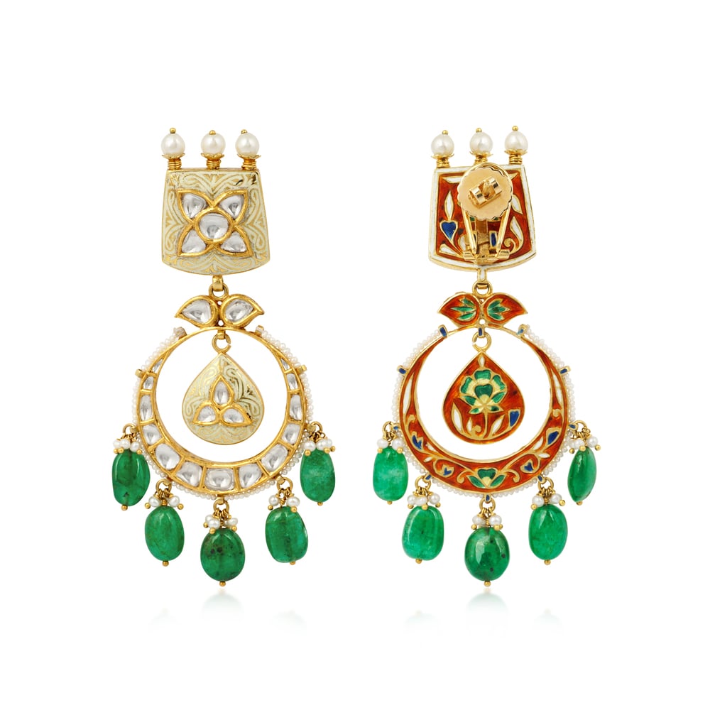 Ivory Enamel Chandbali Earrings with Polki, Emeralds, and Pearls